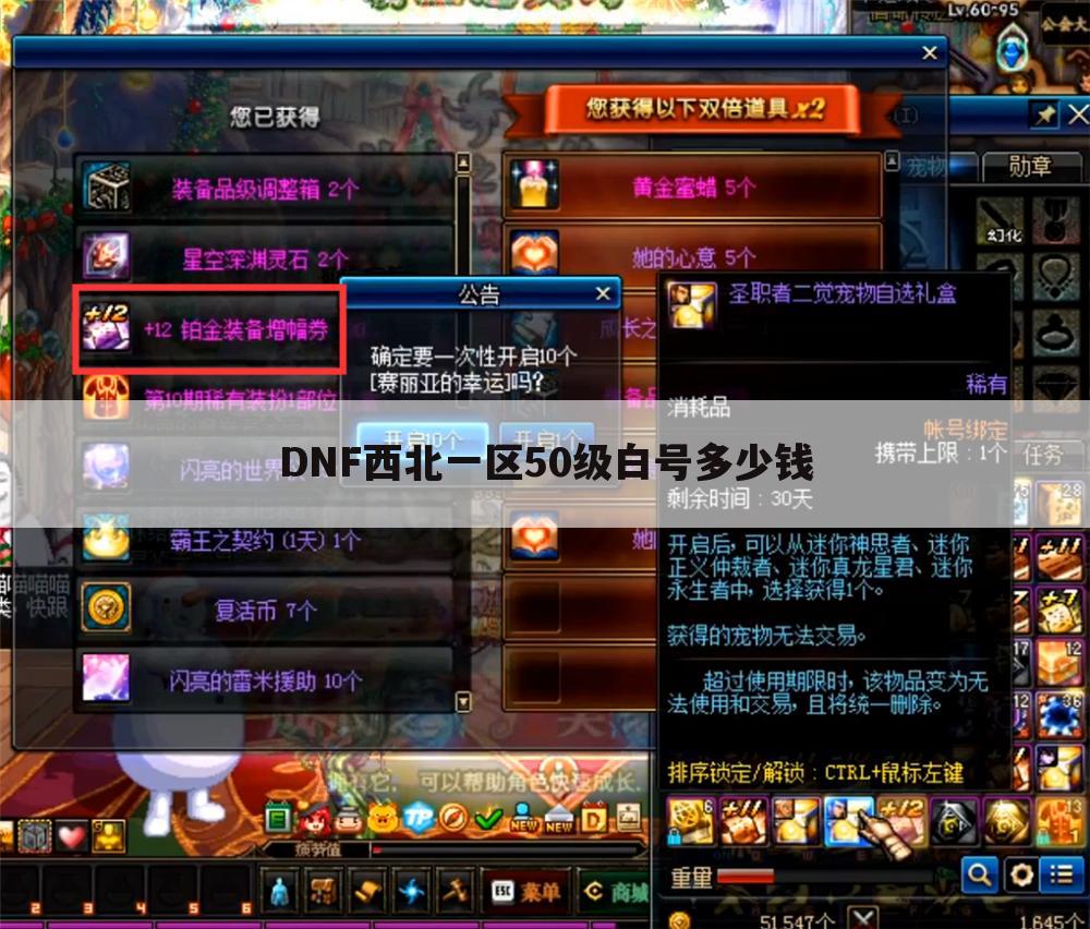 DNF西北一区50级白号多少钱